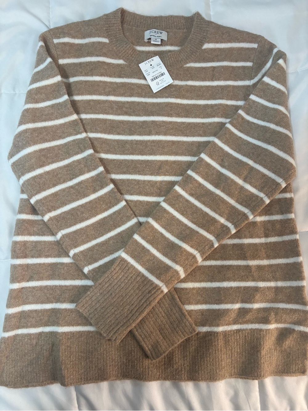 J. Crew Tan and Cream Striped Crewneck Sweater